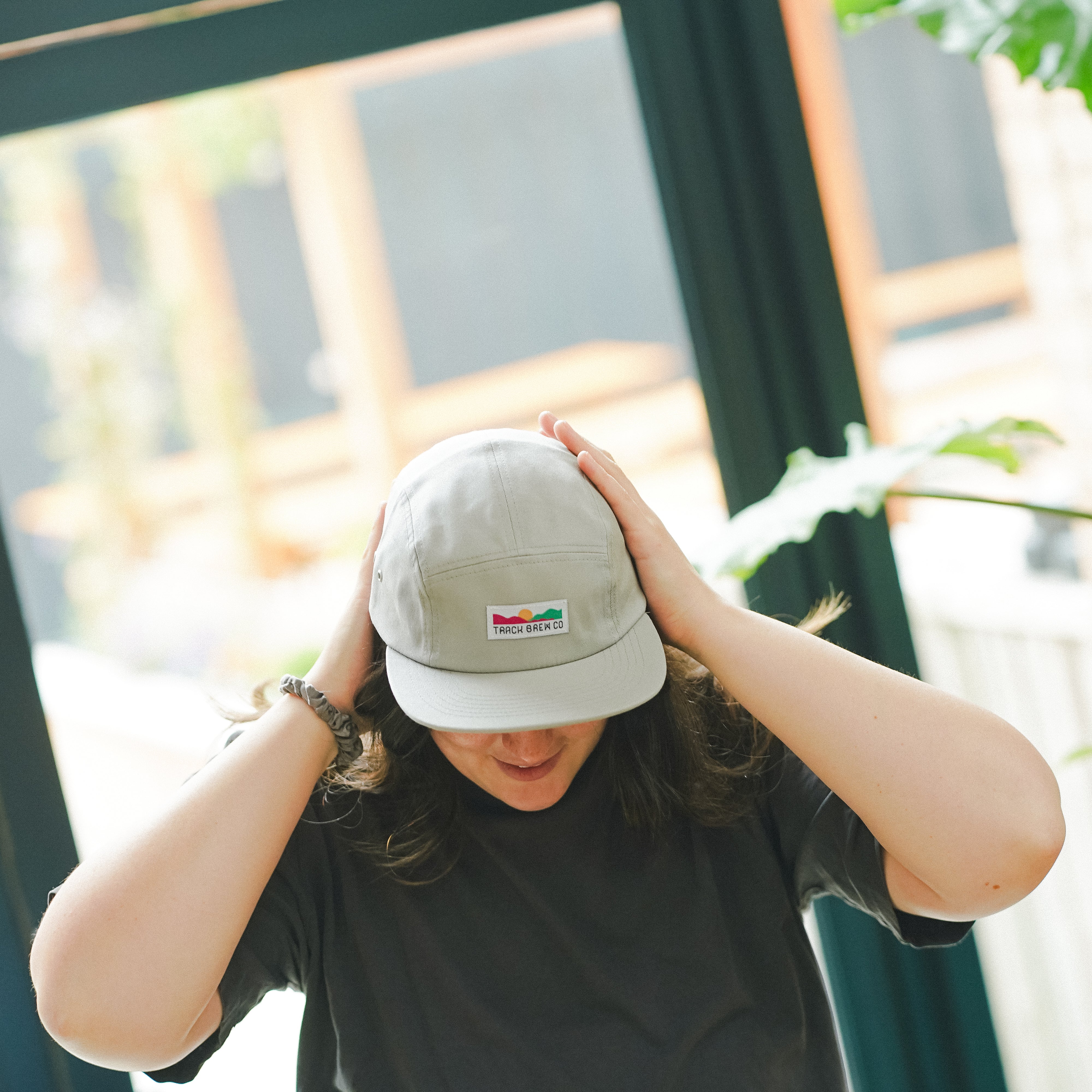 Track Branded Five-Panel Cap in Mineral w/ White