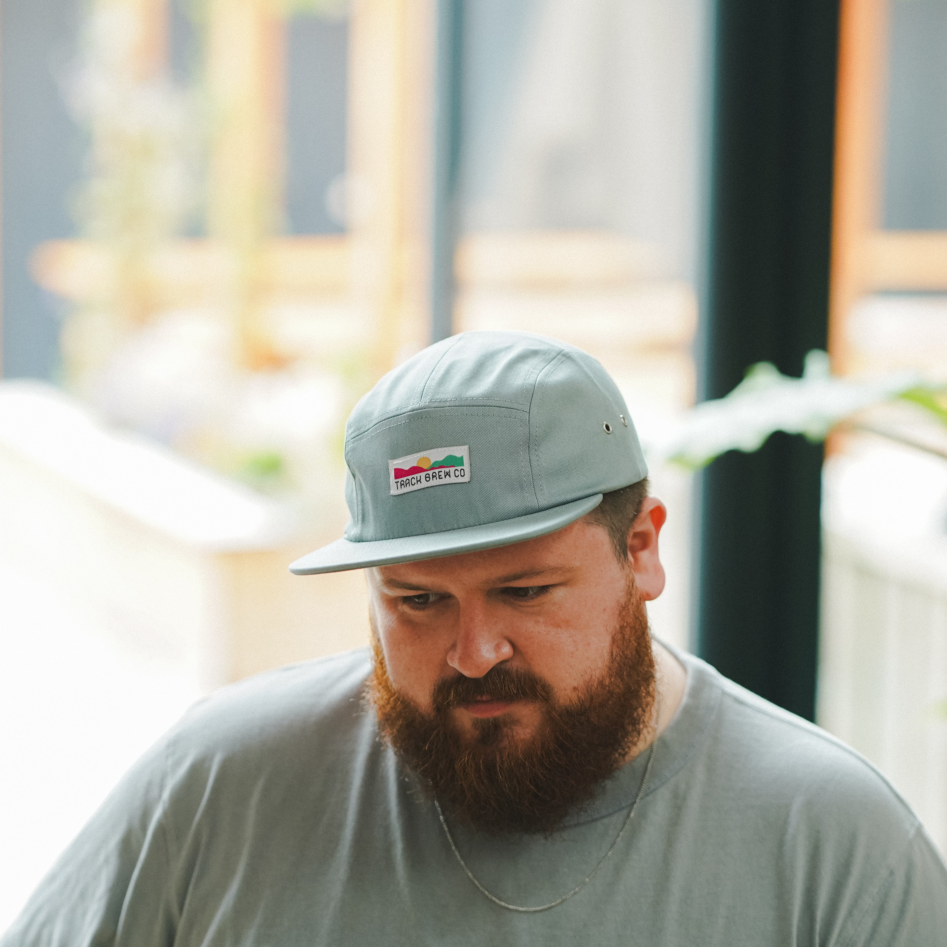 Track Branded Five-Panel Cap in Storm w/ White