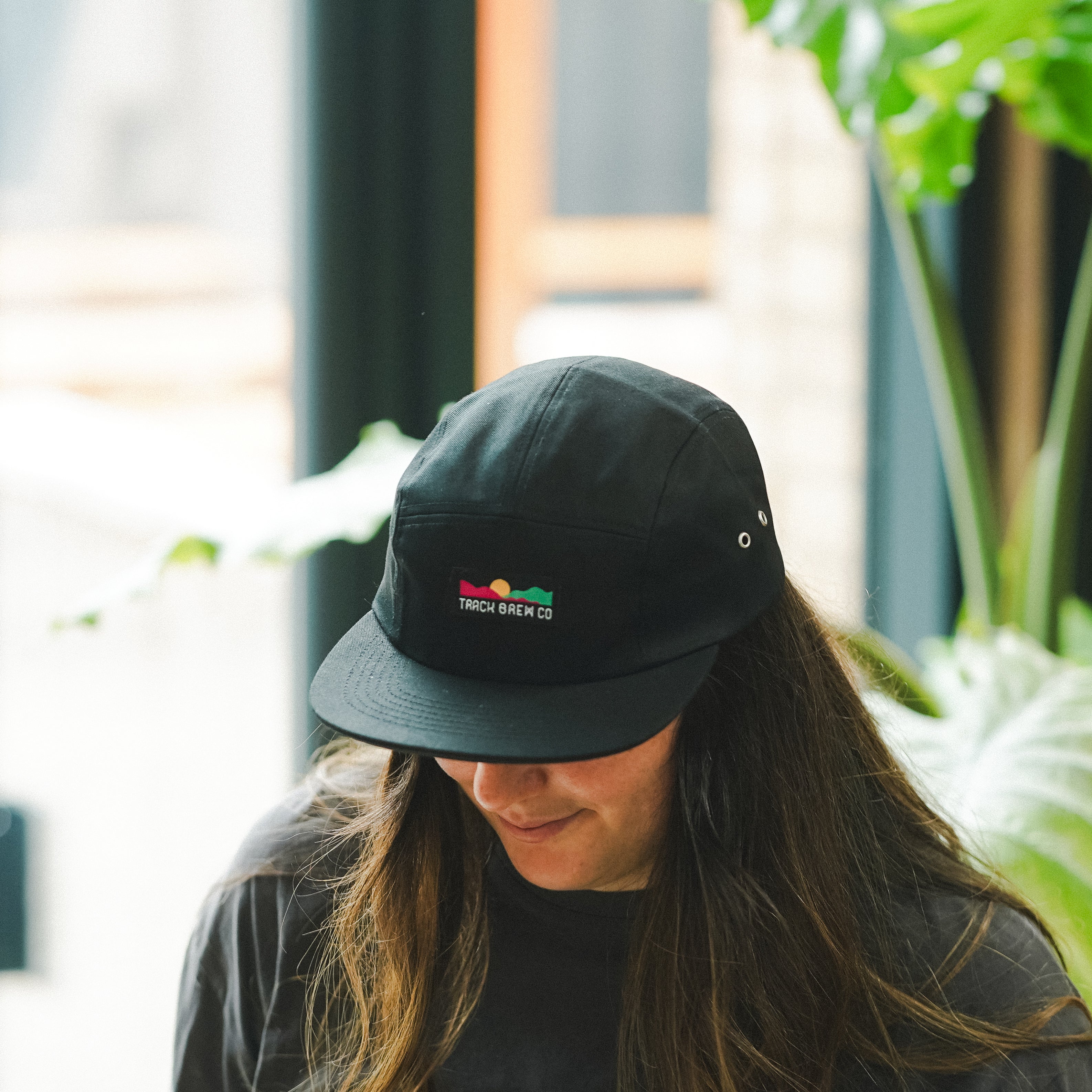 Track Branded Five-Panel Cap in Black w/ Black