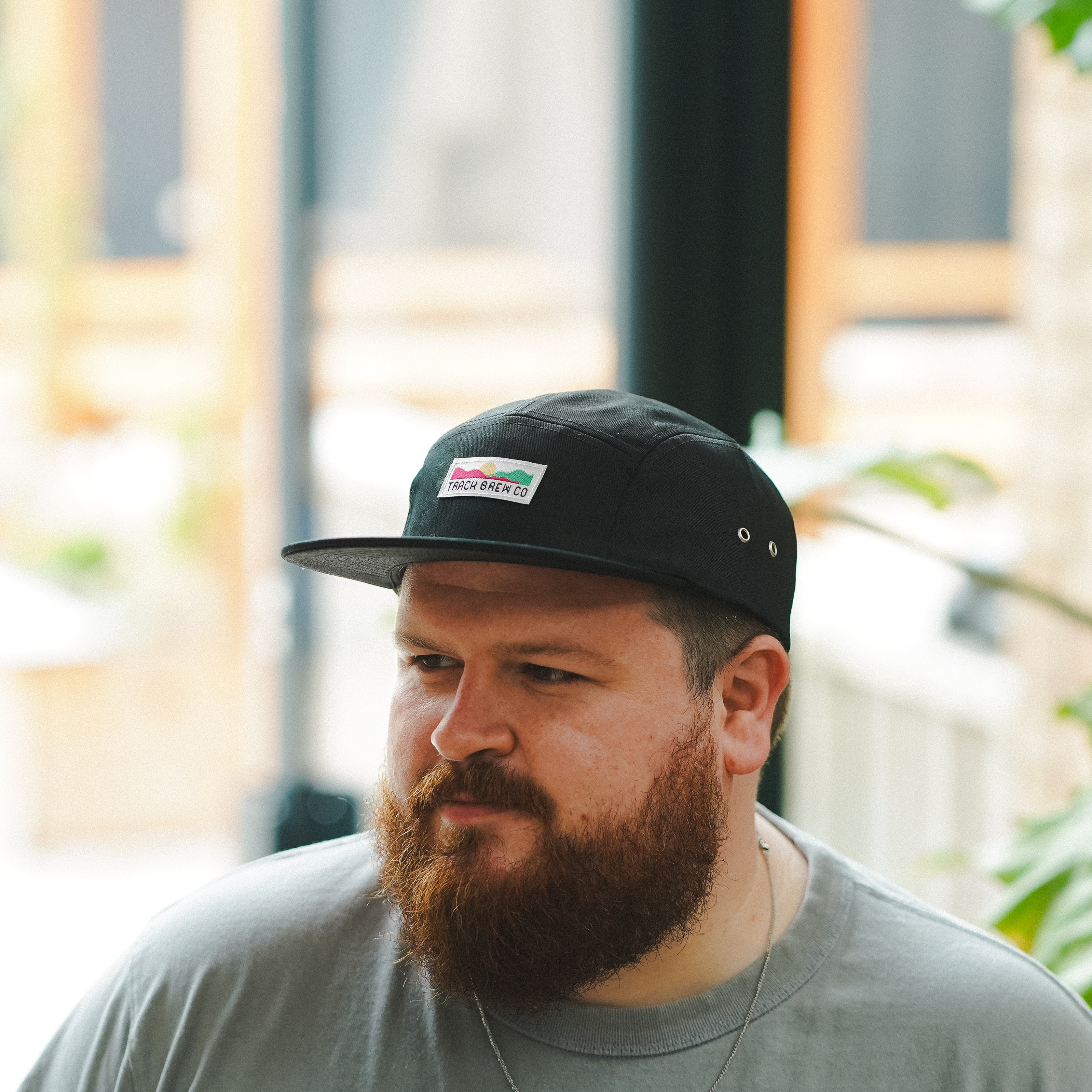 Track Branded Five-Panel Cap in Black w/ White