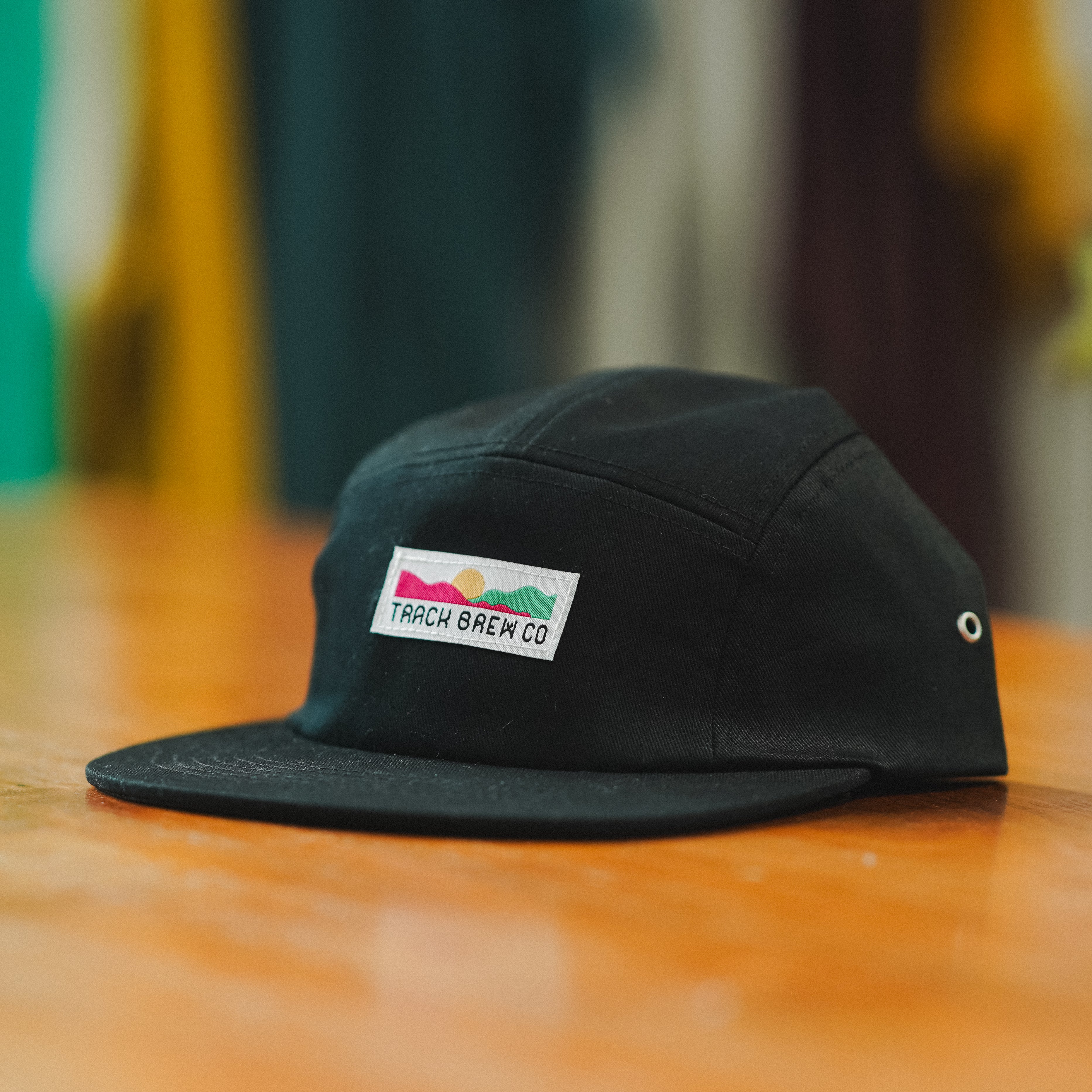 Track Branded Five-Panel Cap in Black w/ White