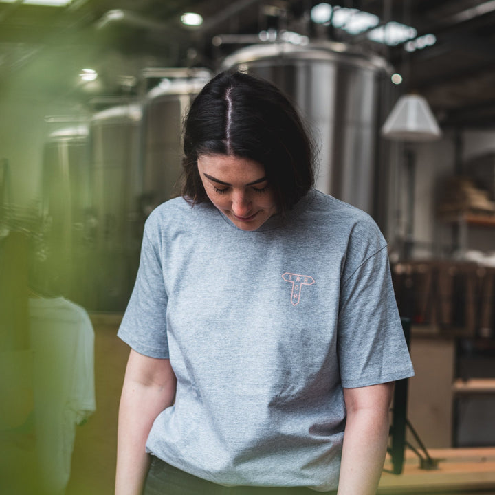 Track Logo & Shield Tee - Athletic Heather & Coral - Track Brewing Company Limited