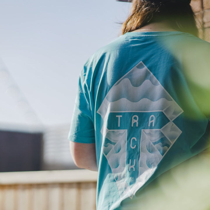 Track Logo & Shield Tee - Atlantic Blue & Light Turquoise - Track Brewing Company Limited