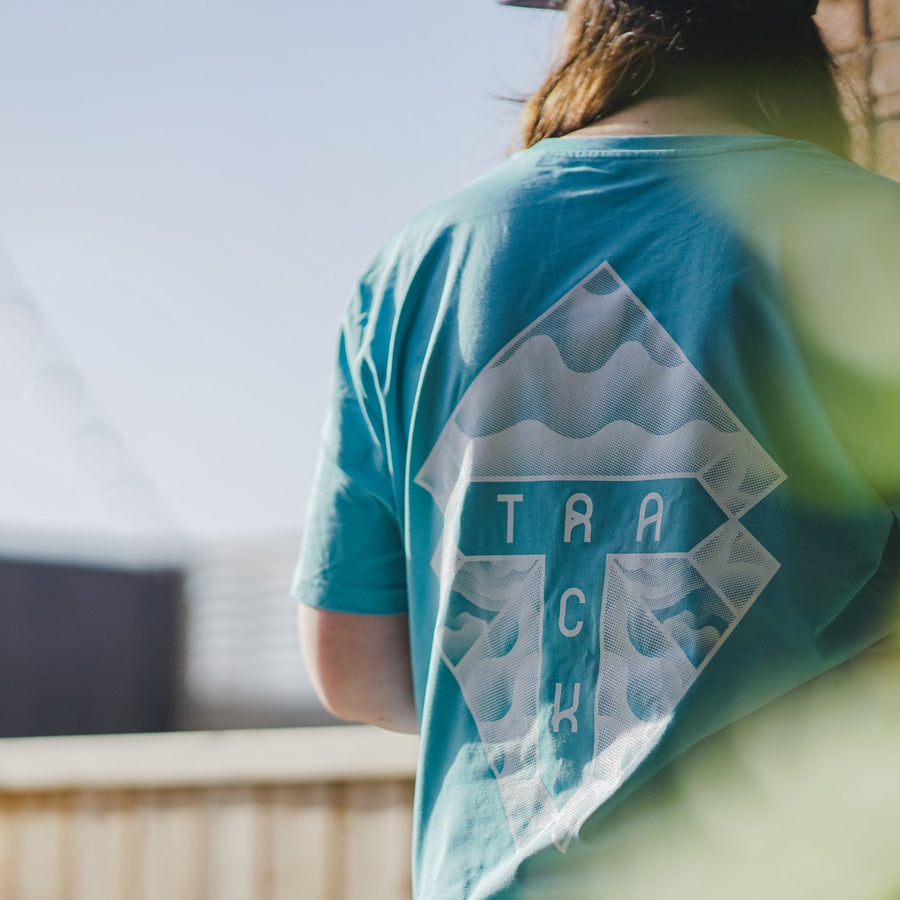 Track Logo & Shield Tee - Atlantic Blue & Light Turquoise - Track Brewing Company Limited